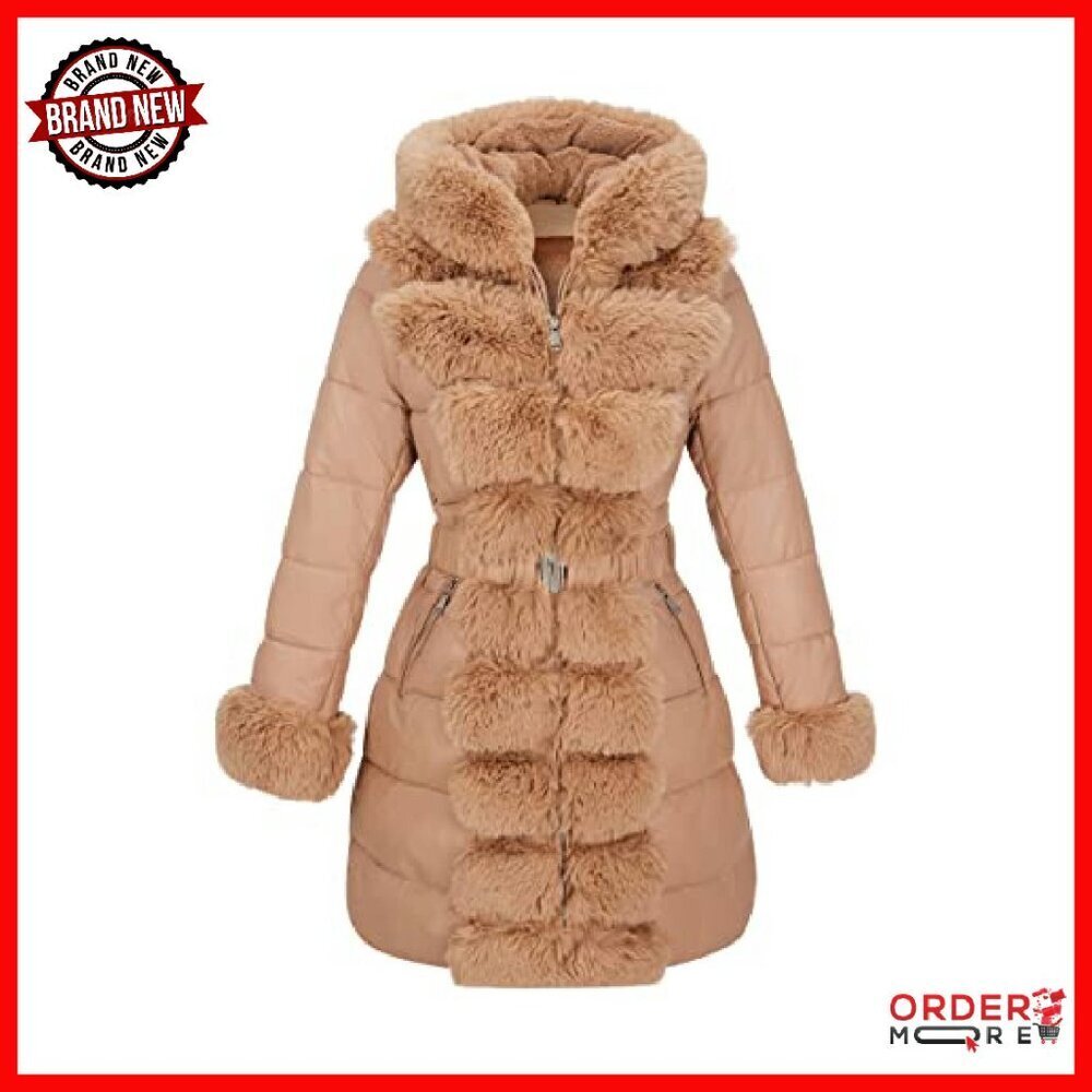 Women's Winter Puffer Coat with Fur Hood, Faux Leather, Belted, Size Available - Picture 2 of 8